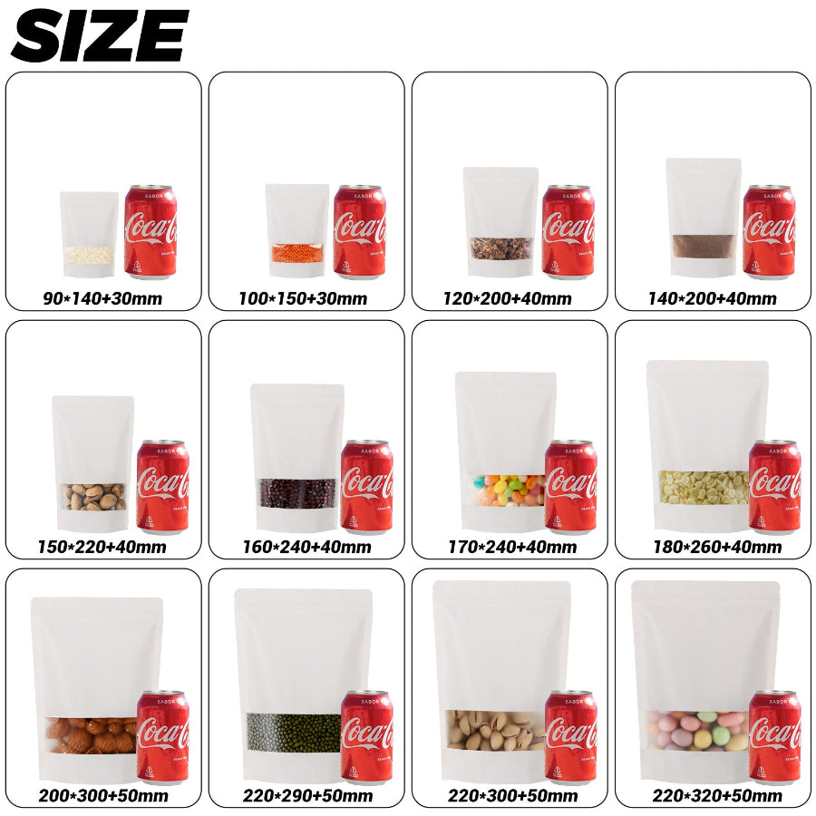 White Paper Stand Up Zipper Pouch With Window